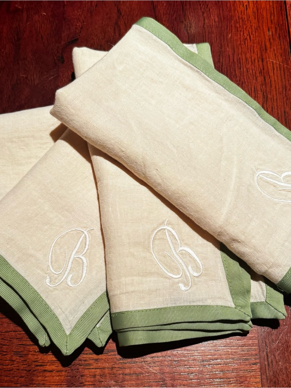 Ballard Designs Set of 4 Linen Grosgrain Trim Monogram B Napkins